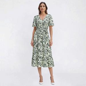 Womens Luxology Short Sleeve V Neck Tropical Leaf Midi Dress